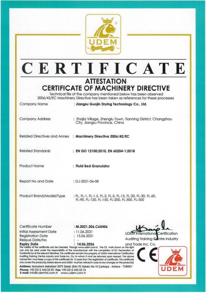 Fluid Bed Granulator CE Certificate